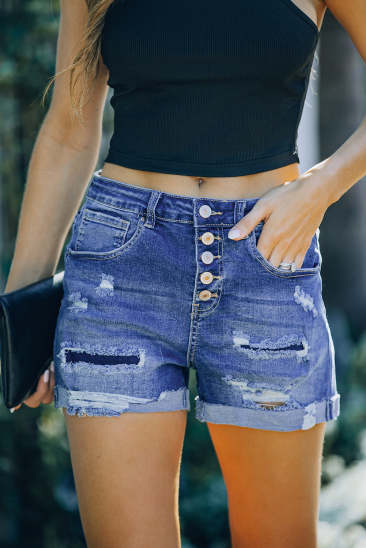 High Waist Button Fly Distressed Denim Shorts LC78118-5