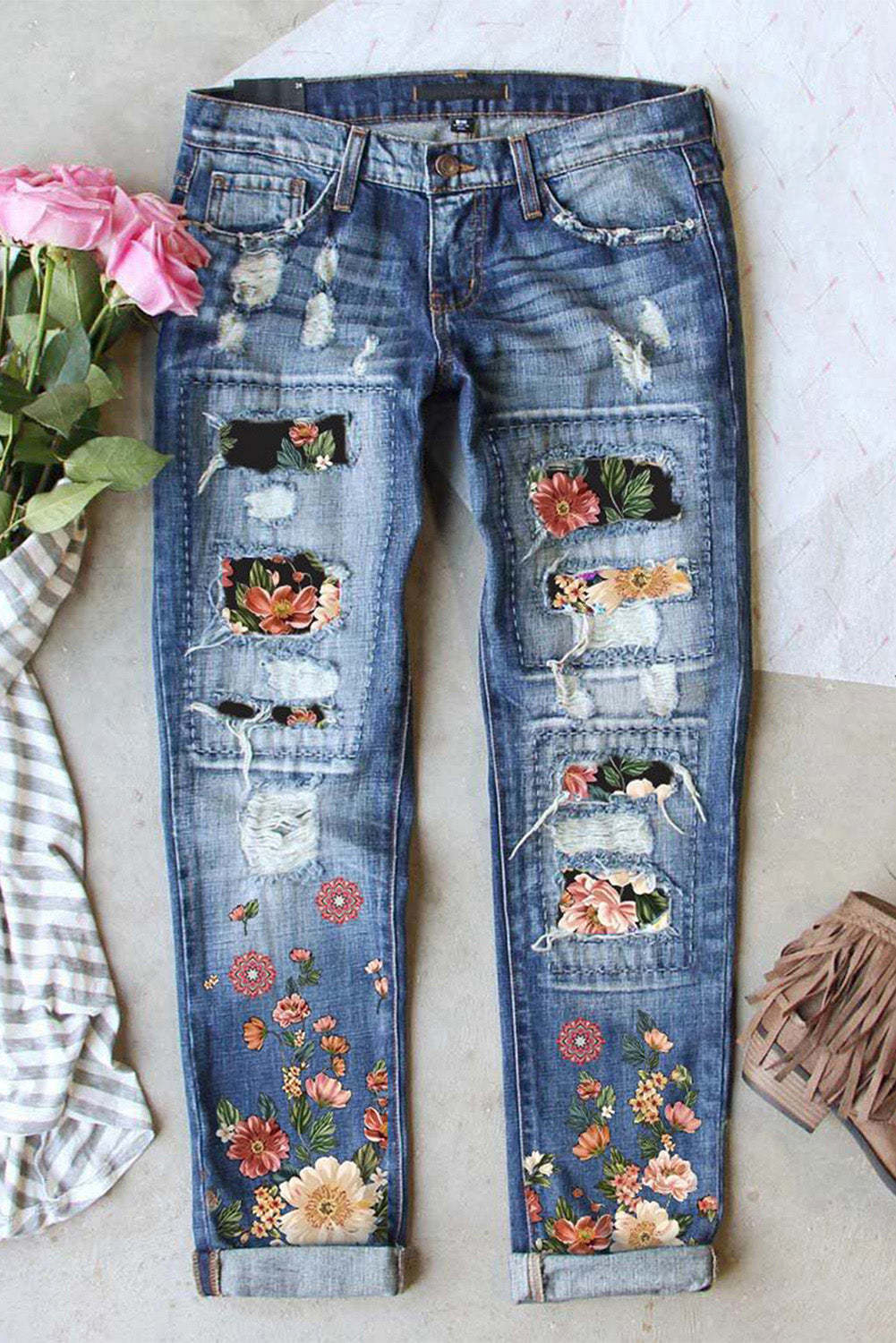 Floral Ripped Casual Mid Waist Ripped Jeans Sky Blue