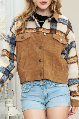 Plaid Corduroy Flap Pockets Boxy Chunky Jacket LC8512865-16