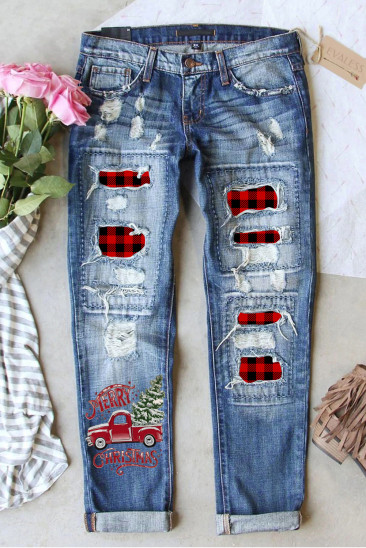 Christmas Plaid Shift Casual Ripped Jeans LC7874729-4