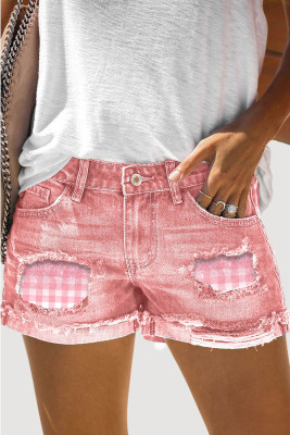 Pink Plaid Shift Casual Denim Shorts LC731501-10