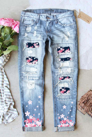 Cherry Blossom Patchwork Ripped Denim Jeans LC787935-104