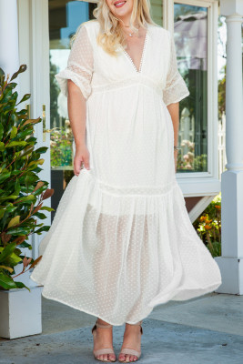 Sheer Lace Insert Plus Size Swiss Dot Maxi Dress PL61660-1