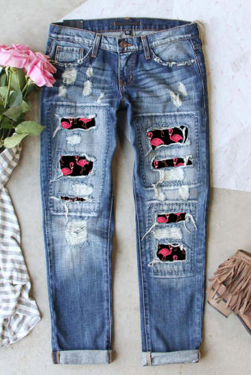 Flamingo Patchwork Ripped Denim Jeans LC787986-4