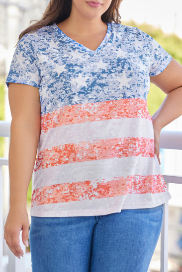 Plus Size Vintage American Flag Print V Neck T-Shirt PL252245-4