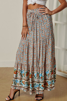 Boho Floral Print Elastic High Waist Pleated A Line Maxi Skirt LC65251-22