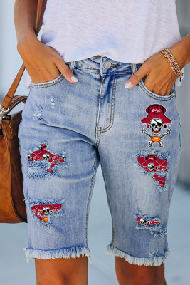American Football Skull Cut-out Raw Hem Sheath Casual denim shorts Ripped Jeans LC7831577-4