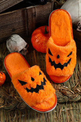 Fuzzy Halloween Pumpkin Open Toe Slippers BH023036-7