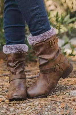 Fluff Faux PU Leather Winter Warm Ladies Snow Boots BH02171-17
