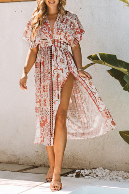 Boho Print Deep V Kimono Sleeves Beach Dress with Split LC421671-3