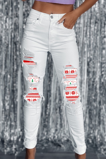 Christmas Dog Graphic Raw Hem Casual Jeans LC7874747-1