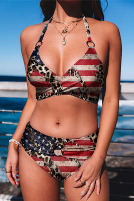 American Flag Leopard Graphic Halter Neck Criss Cross High Waist Bikini Set LC433892-19