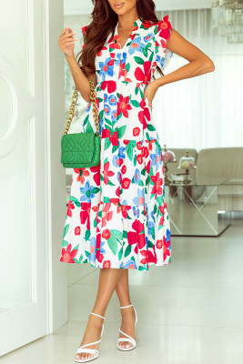 Flutter Sleeve V Neck High Waist Floral Midi Dress LC6116115-22