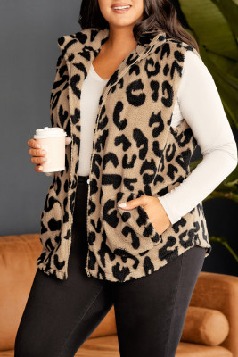 Leopard Stand Neck Shift Casual Basic Cute Plus Size Outerwear PL851050-20