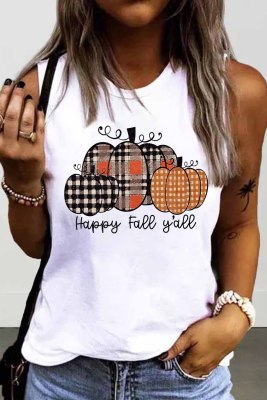 Happy Fall Pumpkin Solid Plaid None Round Neck Casual Tank Tops LC25611100-1