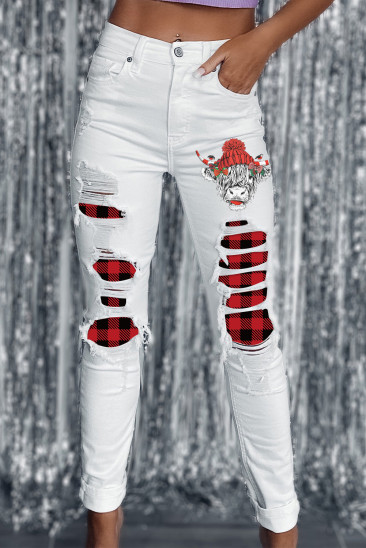 Christmas Cow Plaid Graphic Raw Hem Sheath Casual Jeans LC7874731-1
