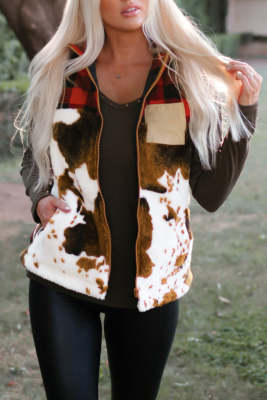 Cow Print Buffalo Plaid Pocket Vest Coat LC853218-17