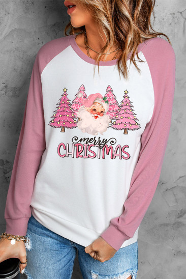 Merry Christmas Santa Claus Patchwork Round Neck Casual Tops LC25125451-10