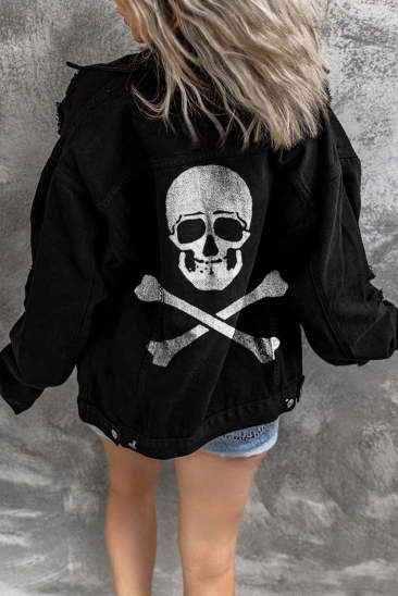 Skull Print Chest Pockets Denim Jacket LC8512477-2