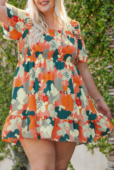 Plus Size Shirred Mixed Print Ruffle Dress PL61566-22