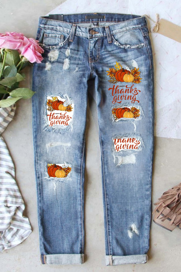 Thanksgiving Day Pumpkin Graphic Denim Ripped Jeans LC7874749-4