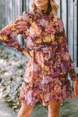 Shirred High Neck Lace-up High Waist Floral Dress LC6117720-22