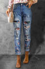 Floral Ripped Casual Mid Waist Ripped Jeans Sky Blue