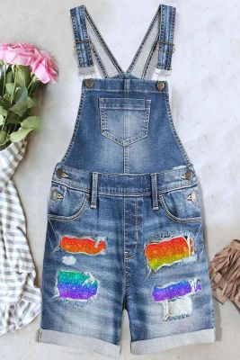 Rainbow Pride Month Raw Hem Ripped Denim Shorts Shift Casual Overalls LC784712-4