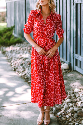 Printed 3/4 Sleeve V Neck Shirt Long Dress with Belt LC6117827-P103