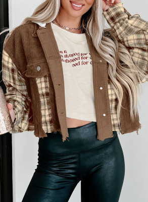 Plaid Patchwork Distressed Hooded Cropped Jacket LC854322-17