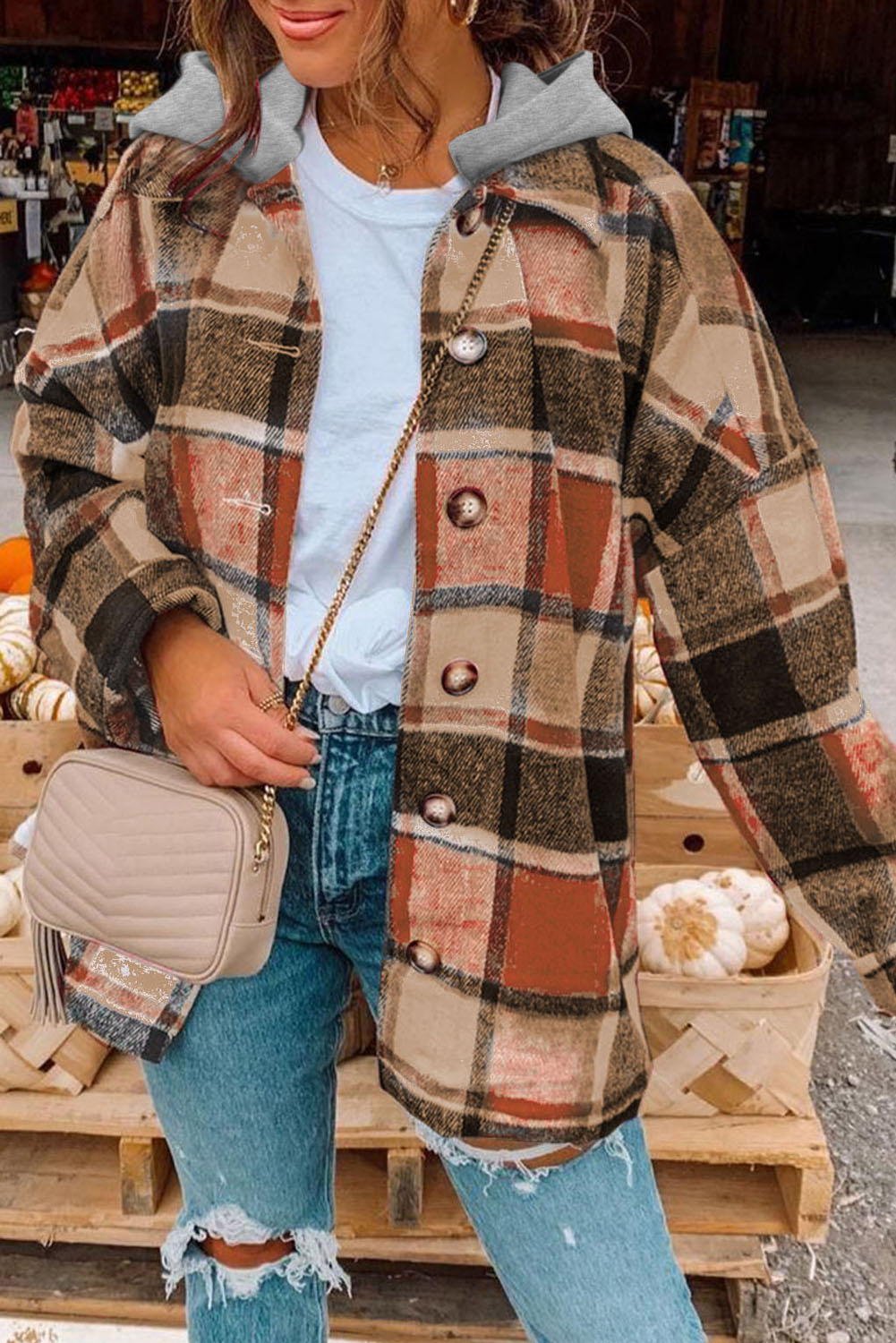 Plaid Snap Button Pocket Fringed Hem Shacket main image 0