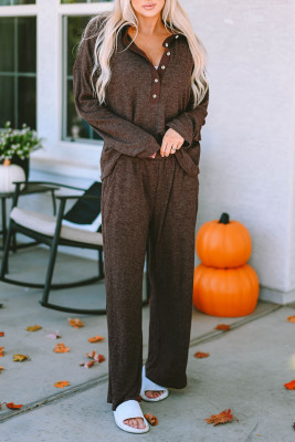 Brown Ribbed Knit Collared Henley Top and Pants Lounge Outfit LC15570-17