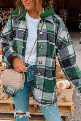 Green Hooded Plaid Button Front Shacket LC8512507-9