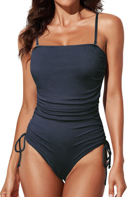 Navy Blue Ribbed Drawstring Sides Cutout One Piece Swimsuit LC443740-P605