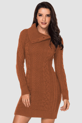 Orange Women's Winter Casual Long Sleeve Solid Color Turtleneck Diagonal Button Bodycon Cable Knit Sweater Dress LC27864-14