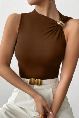 EVALESS Womens Sleeveless Asymmetric Neck Tank Tops Elegant Metal Decor Ribbed Fitted Summer Basic Slim Cute Vest 2026 LC25613568-P7017