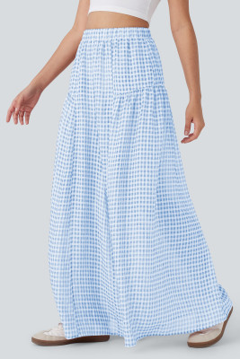 EVALESS Women's Wide Leg Palazzo Pants Casual Elastic High Waisted Cotton Gingham Plaid Culottes Trousers with Pockets LC7714184-P1204