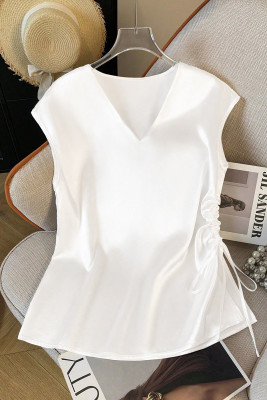 EVALESS Satin Blouses for Women Dressy Casual Silk V Neck Cap Sleeve Pleated Shirts Business Work Tops LC25613643-P1