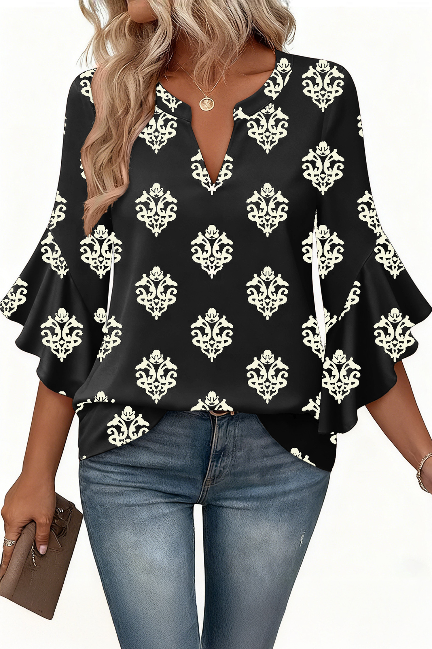 EVALESS Womens Tops Dressy Casual Ruffle 3/4 Length Sleeve Henley V Neck Chiffon Blouses Summer Boho Work Business Outfits