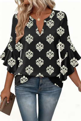 EVALESS Womens Tops Dressy Casual Ruffle 3/4 Length Sleeve Henley V Neck Chiffon Blouses Summer Boho Work Business Outfits LC25135598-P10220