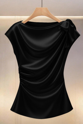 EVALESS Satin Blouses For Women Dressy Casual Trendy Business Work Silk Tops Outfits Cowl Neck Bow Tie Pleated Summer Shirts LC25613721-P2