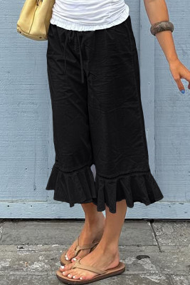 EVALESS Linen Pants Women Summer Casual Wide Leg Drawstring Elastic Waist Ruffle Hem Capri Pants with Pockets LC7714224-P2