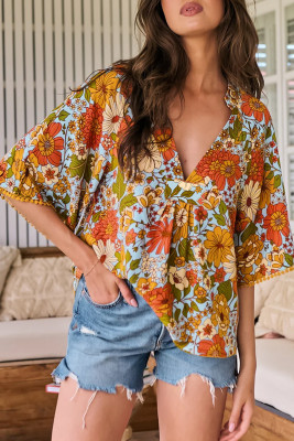 EVALESS Boho Summer Tops for Women Trendy 3/4 Length Sleeve Womens Tops Floral Print V Neck Blouses Spring 2026 Shirts LC25135428-P720