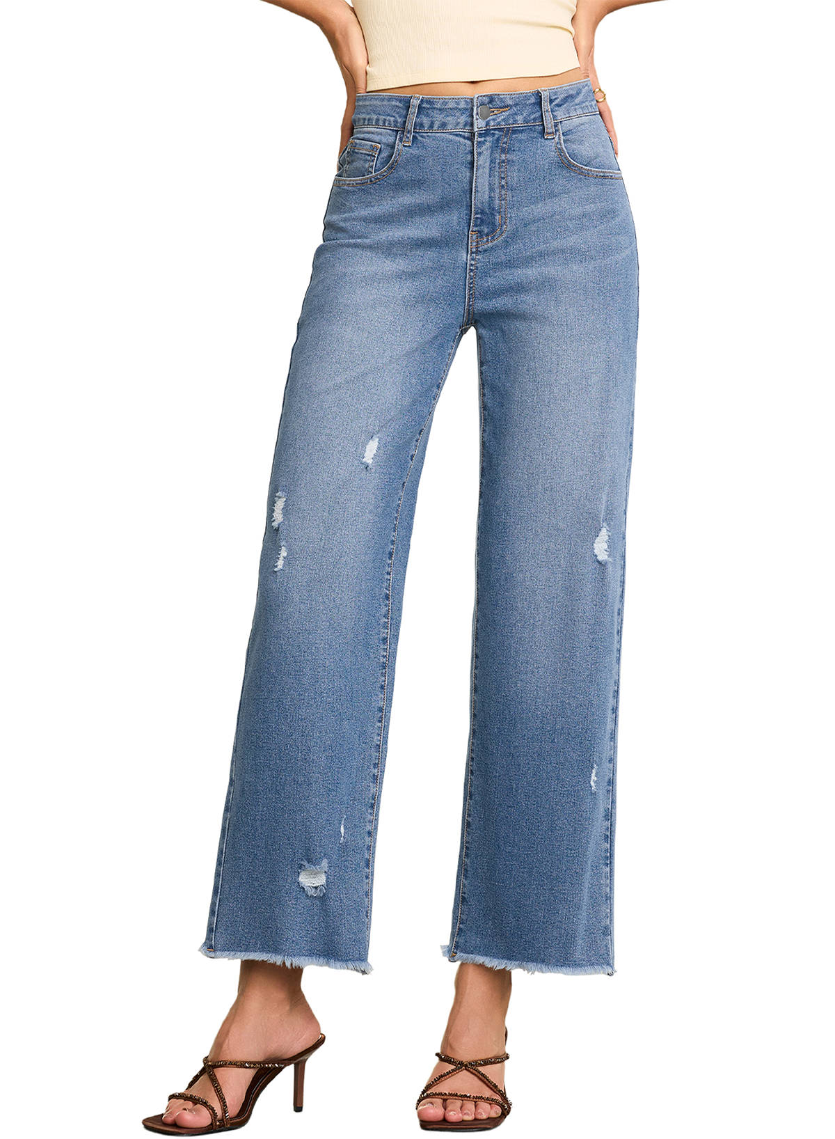 Women’s High-Waist Wide-Leg Jeans – Distressed Ripped Denim, Frayed Hem, Relaxed Fit, Vintage Blue Wash, Sizes 24-32