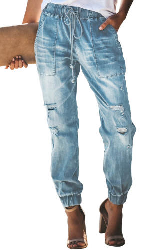 Sky Blue Distress Drawstring Pocketed Joggers