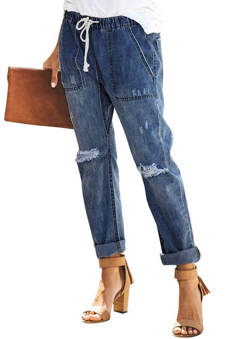 distressed pocketed denim joggers