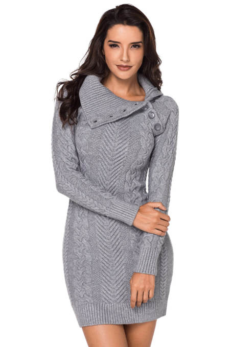 Asymmetric Buttoned Collar Grey Bodycon Sweater Dres