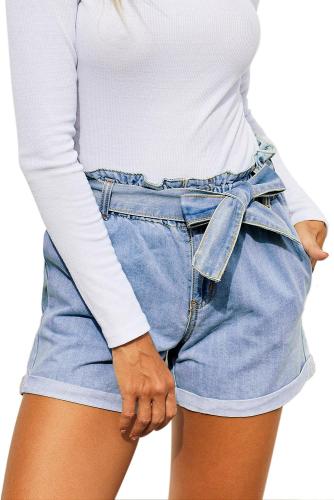 Light Blue Paper Bag Waist Denim Shorts