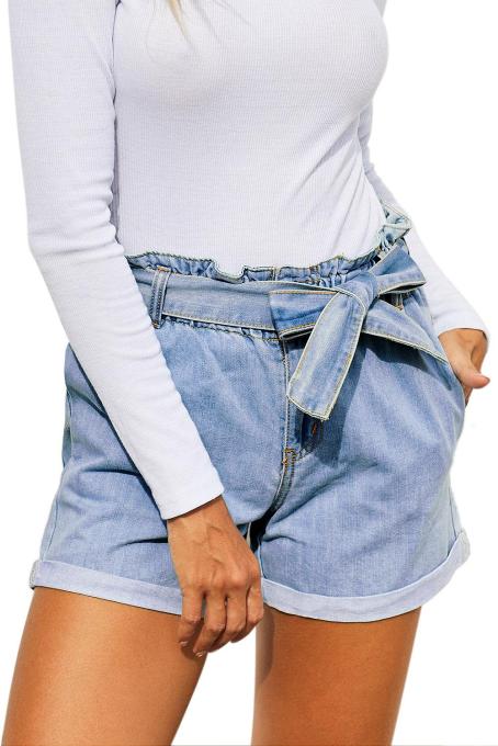 Light Blue Paper Bag Waist Denim Shorts