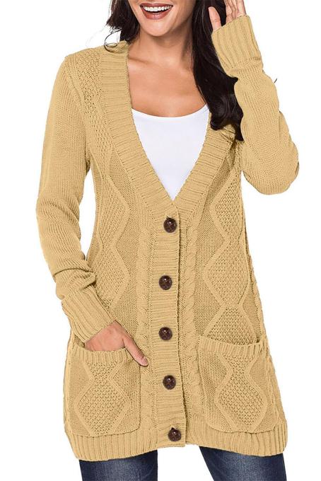 Beige Front Pocket and Buttons Closure Cardigan